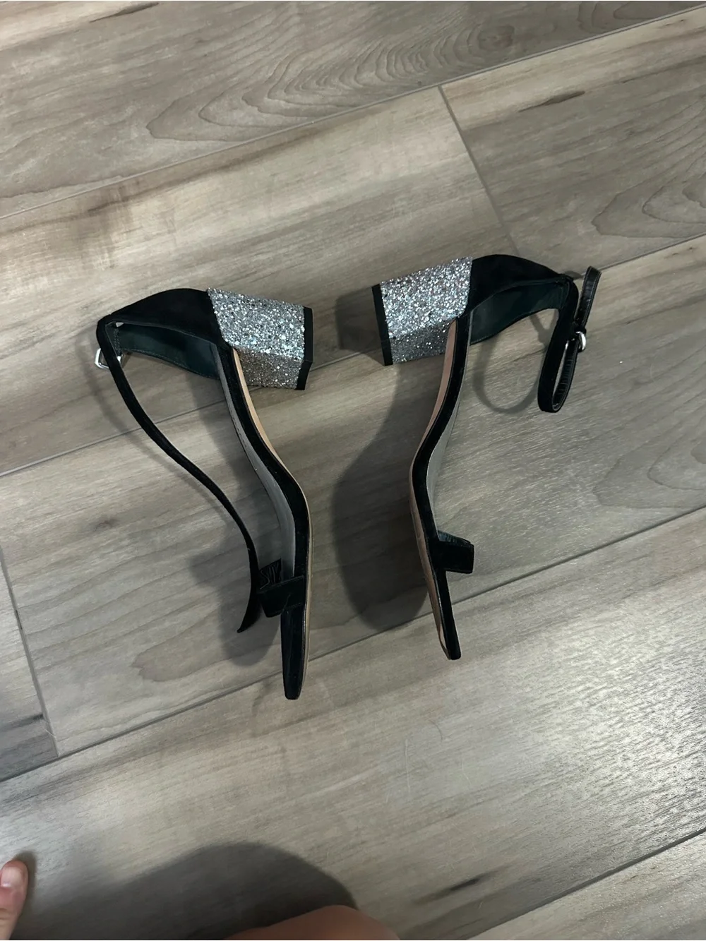 Stuart Weitzman Black Suede Ankle-Strap Sandals with Silver Glitter Block Heel